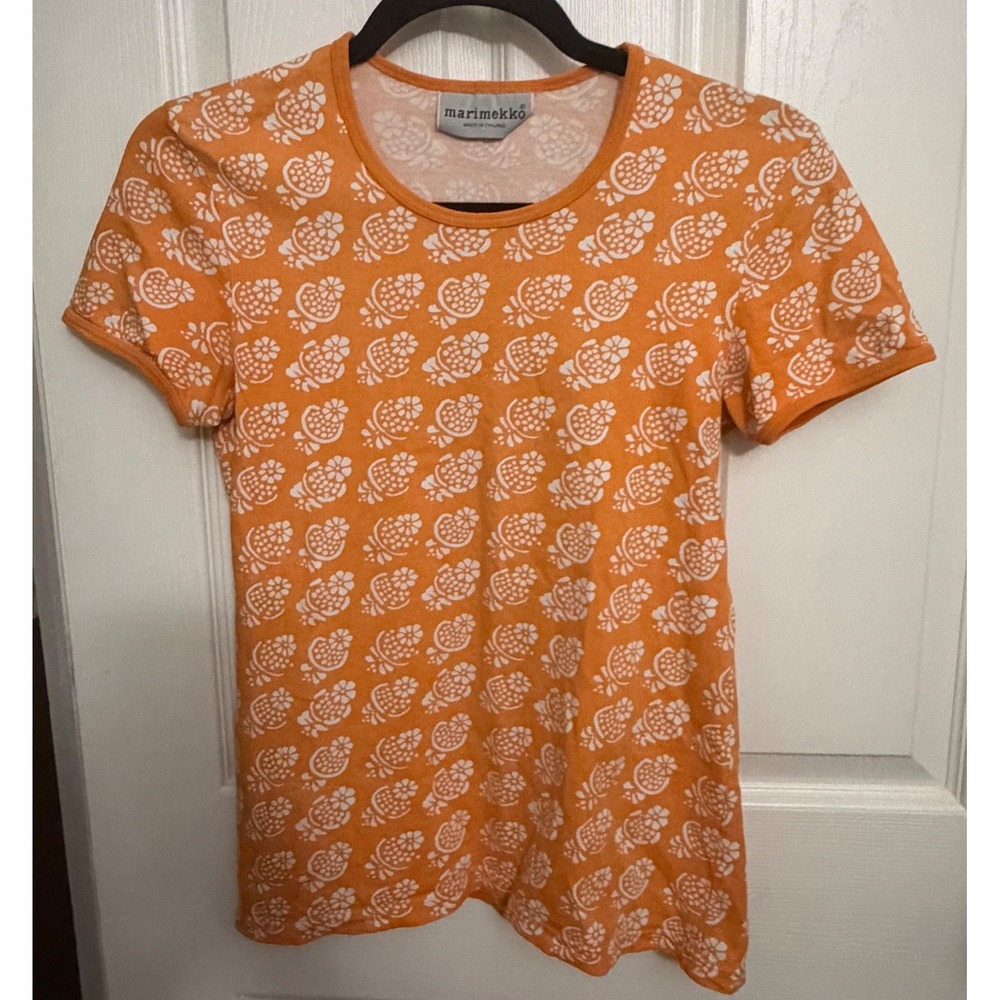 Marimekko | Orange Floral Print T-Shirt Graphic Tee Scandinavian Design Sz S